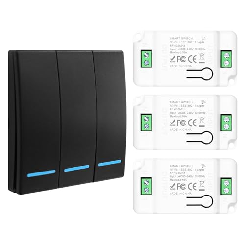 230V Lichtschalter Set, RF 433Mhz Funk Lichtschalter, Funkschalter 230v mit Empfänger Reichweite von 100M, Funk-Sender-Sicherheitsschalter und Empfänger-Controller 10A-1 black Schalter und 3 Empfänger von HNCY