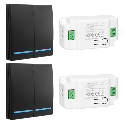 230V Lichtschalter Set, RF 433Mhz Funk Lichtschalter, Funkschalter 230v mit Empfänger Reichweite von 100M, Funk-Sender-Sicherheitsschalter und Empfänger-Controller 10A-2 Black Schalter und 2 Empfänger von HNCY