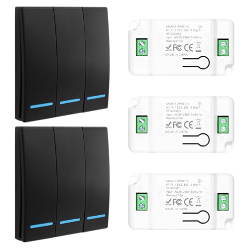 230V Lichtschalter Set, RF 433Mhz Funk Lichtschalter, Funkschalter 230v mit Empfänger Reichweite von 100M, Funk-Sender-Sicherheitsschalter und Empfänger-Controller 10A-2 black Schalter und 3 Empfänger von HNCY