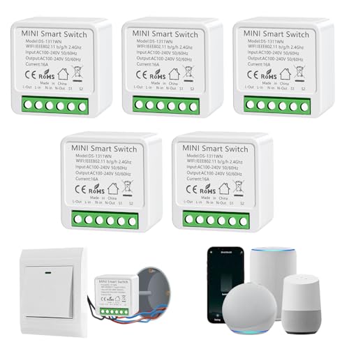 5 Stück Smart Lichtschalter Modul, Alexa Lichtschalter Smart Home, Mini WLAN Smart Switch Kompatibel Alexa, Sprachsteuerung, Alexa Schalter für Smart Life, Neutralleiter Erforderlich von HNCY