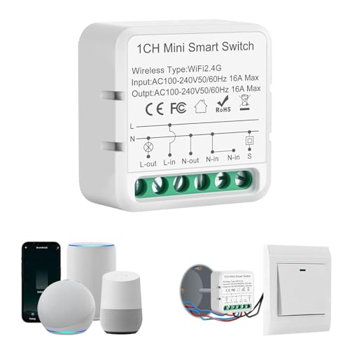 Alexa Lichtschalter Smart Life, 2.4G Wlan Schalter Module, Mini Smart Switch Kompatibel mit Sprachassistent Alexa, Smart Life, Tuya, Eingebauter Lichtschalter, Neutralleiter Erforderlich, 1 Weg von HNCY