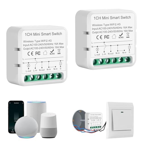 Alexa Lichtschalter Smart Life, 2.4G Wlan Schalter Module, Mini Smart Switch Kompatibel mit Sprachassistent Alexa, Smart Life, Tuya, Eingebauter Lichtschalter, Neutralleiter Erforderlich, 1 Weg von HNCY