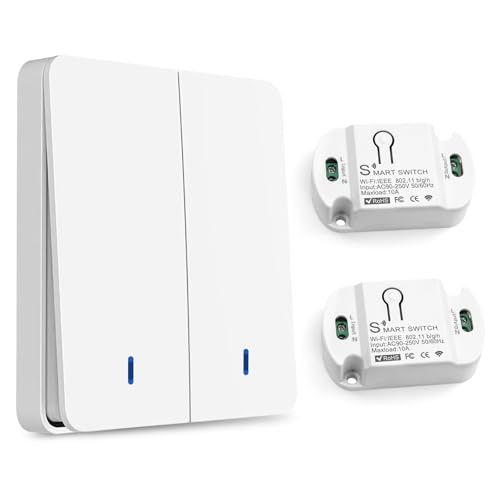 HNCY Funkschalter 230V, RF 433Mhz Funk Lichtschalter, 2 Taste Funkschalter Licht Set mit 2 Empfänger, Lichtschalter Funk Sender Sicherheitsschalter und Empfänger Controller 10A, Keine Verkabelung von HNCY