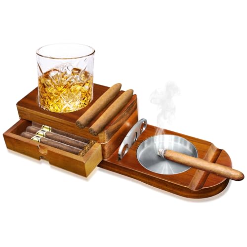 Hölzerner Zigarrenaschenbecher, Aschenbecher mit Whiskey Tablettund Zigarrenhalter + 1 Zigarrenabschneider, Zigarren-Humidor-Box mit Weinhalter, für Zuhause, Büro oder Bar, Männer Geburtstag Jahrestag Hölzerner Zigarrenaschenbecher, Aschenbecher mit Whiskey Tablettund Zigarrenhalter + 1 Zigarrenabschneider, Zigarren-Humidor-Box mit Weinhalter, für Zuhause, Büro oder Bar, Männer Geburtstag Jahrestag von HNCY