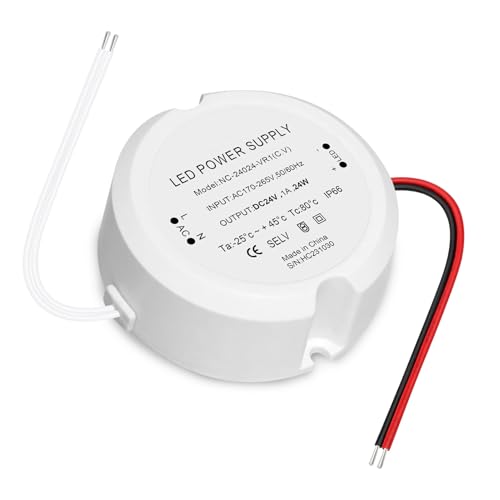 HNCY LED Trafo 24V 24W 1A, IP66 Trafo 230V auf 24V, Mini Rund Netzteil, LED Netzteil 24volt für Verschiedene Lampen, Kein Transformator-Rauschen, Kein Flimmern von HNCY