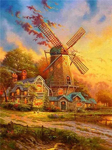 HNDXLHH Diamond Painting Villa Windmühle Diamant Painting Bilder Erwachsene DIY Cross Stitch Stickerei Kristall 5d Diamant Painting Set Full Drill Stickerei Kunsthandwerk Home Decor 30X40CM von HNDXLHH