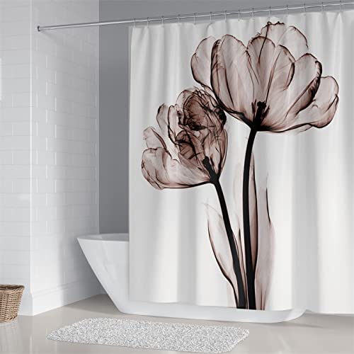 HNDXLHH Duschvorhang 180x200 Beige Braune Blume Shower Curtains Polyester Duschvorhang Antischimmel Wasserdicht Duschvorhänge Langlebig und WaschbarInkl 12 Duschvorhangringen von HNDXLHH