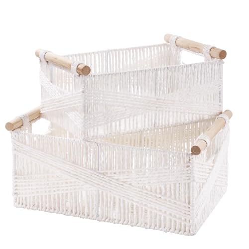 Aufbewahrungskorb Geflochten mit Griff, 2er Set Rattankorb aus Gewebtem, Regalkörbe Handgewebt, Deko Aufbewahrungsbox, Arbeitsplatte Regal Schrank Organizer, Weiß von HNFNGSZL