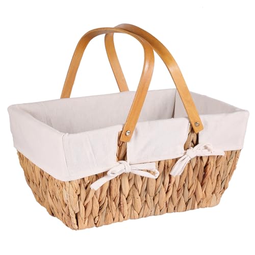 Natural Weidenkorb mit Henkel groß | mit Stoffeinlage in Weiß | Tragekorb aus Weide Einkaufskorb geflochten Weide Weidenkörbe mit Henkel Einkaufskörbe Picknickkorb geflochten, 38 * 25 * 18cm von HNFNGSZL