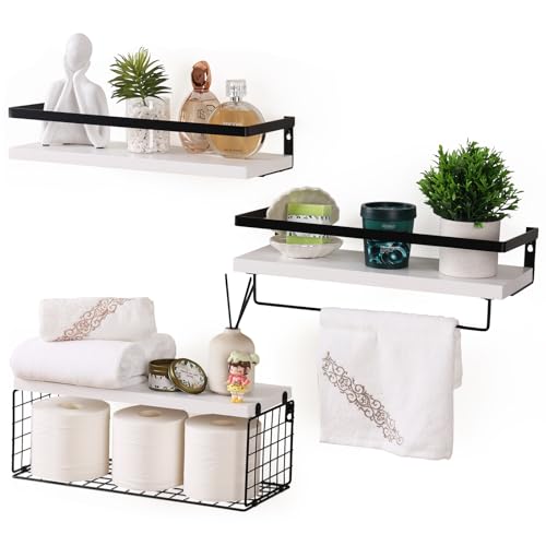 40cm Schweberegale Wandregal, Küchenregal Wand mit Handtuchhalter, Schwimmendes Regal Wand Schweberegal mit Drahtkorb, Stabiles Hängeregal für Badezimmer, Wohnzimmer, Schlafzimmer, Büro, Flur, Weiß von HNFNGSZL