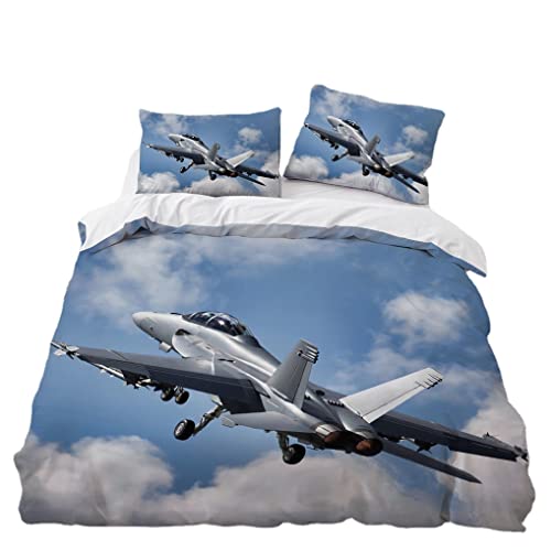 Bettbezüge 3D Flugzeug Kampfflugzeug Militär Bettwäsche-Set mit Kissenbezüge Blau Weiß Himmel Bettbezug für Kinder Junge Mädchen Teenager Bettbezug mit Reißverschluß (Stil 4, 135x200 cm) von HNHDDZ