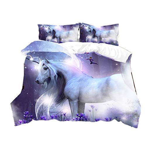 Bettbezug 3D Tier Einhorn Weiß Pferd Bettwäsche-Set Lila Verträumt Galaxis Sternenklarer Himmel Rosa Blumen Bettbezug und Kissenbezug (Stil 3, Bettbezug 135x200 cm + 1 Kissenbezug 80x80 cm) von HNHDDZ