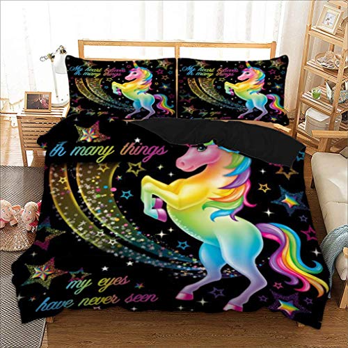 Bettbezug Einhorn Galaxis Star Bettwäsche für Kinder Mädchen Schlafzimmer Traum Regenbogen Pferd Lila Blau Schwarz Blinkt Sternenklarer Himmel (Regenbogen Einhorn, 135x200 cm) von HNHDDZ