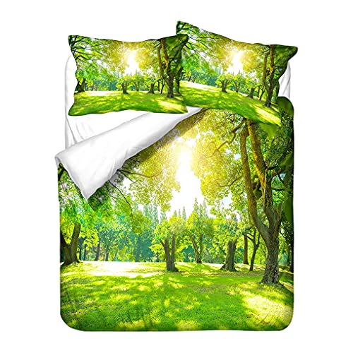 Bettwäsche-Set 3D Dschungel Wald Sonnenlicht Bäume Bettbezug und Kissenbezug Grün Natürliche Landschaft Muster Bettbezug Reißverschluss Junge Mädchen (Stil 1, 135x200 cm + 80x80 cm *1) von HNHDDZ