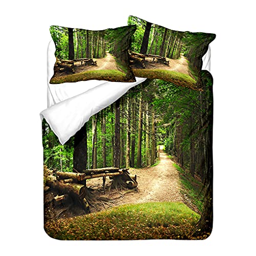 Bettwäsche-Set 3D Dschungel Wald Sonnenlicht Bäume Bettbezug und Kissenbezug Grün Natürliche Landschaft Muster Bettbezug Reißverschluss Junge Mädchen (Stil 2, 135x200 cm + 80x80 cm *1) von HNHDDZ