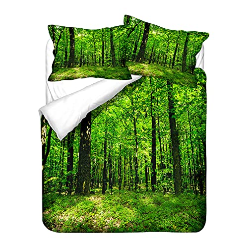 Bettwäsche-Set 3D Dschungel Wald Sonnenlicht Bäume Bettbezug und Kissenbezug Grün Natürliche Landschaft Muster Bettbezug Reißverschluss Junge Mädchen (Stil 3, 155x220 cm + 80x80 cm *2) von HNHDDZ