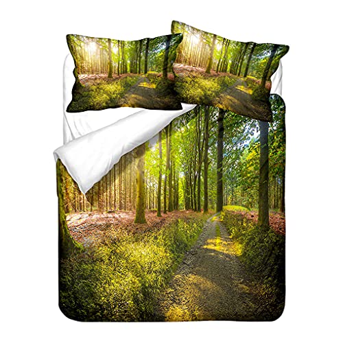 Bettwäsche-Set 3D Dschungel Wald Sonnenlicht Bäume Bettbezug und Kissenbezug Grün Natürliche Landschaft Muster Bettbezug Reißverschluss Junge Mädchen (Stil 4, 155x220 cm + 80x80 cm *2) von HNHDDZ