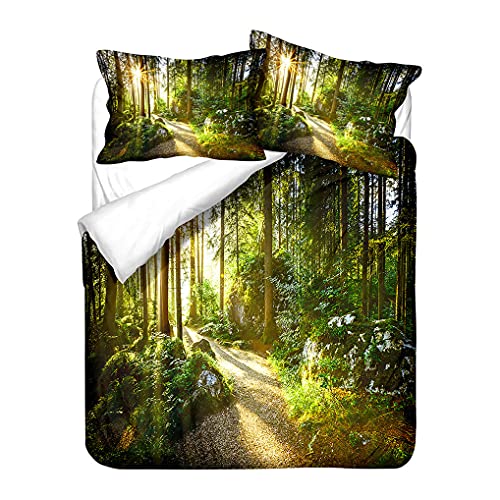 Bettwäsche-Set 3D Dschungel Wald Sonnenlicht Bäume Bettbezug und Kissenbezug Grün Natürliche Landschaft Muster Bettbezug Reißverschluss Junge Mädchen (Stil 5, 135x200 cm + 80x80 cm *1) von HNHDDZ