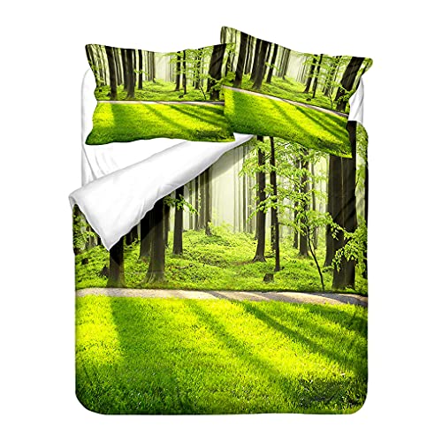 Bettwäsche-Set 3D Dschungel Wald Sonnenlicht Bäume Bettbezug und Kissenbezug Grün Natürliche Landschaft Muster Bettbezug Reißverschluss Junge Mädchen (Stil 6, 135x200 cm + 80x80 cm *1) von HNHDDZ