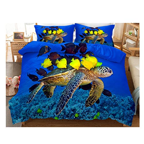 HNHDDZ Bettbezug 3D Tier Schildkröte, Ozean Blau Bettwäsche-Set, Unterwasserwelt Koralle Gelb Fisch Bettbezug mit Reißverschluss, Kinder Jungen (Stil 2, Bettbezug 155x220 cm + 2 Kissenbezug 80x80 cm) von HNHDDZ