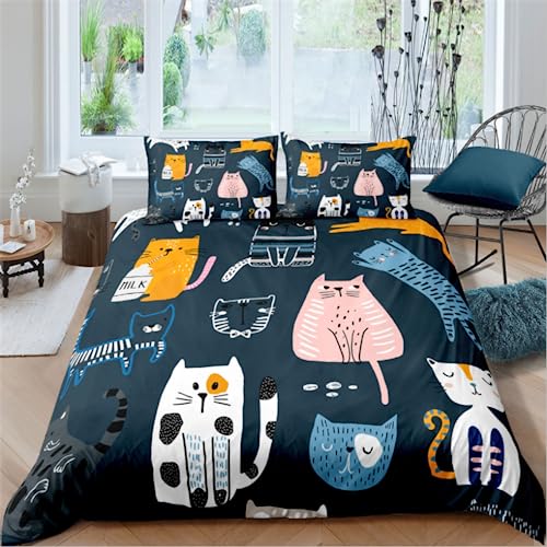 HNHDDZ Bettbezug-Set Katze, Bettwäsche-Set Karikatur Tier Katze Muster Doppel Bettbezug 200x220 cm und 2 Kissenbezug 80x80 cm von HNHDDZ