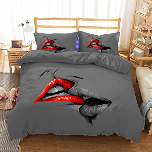 HNHDDZ Bettbezug-Set Lippen Muster Roter Kuss Bettwäsche-Set Romantisch Impressionist Grau Rot Weiß Bettbezug 135x200 cm und 1 Kissenbezug 80x80 cm von HNHDDZ