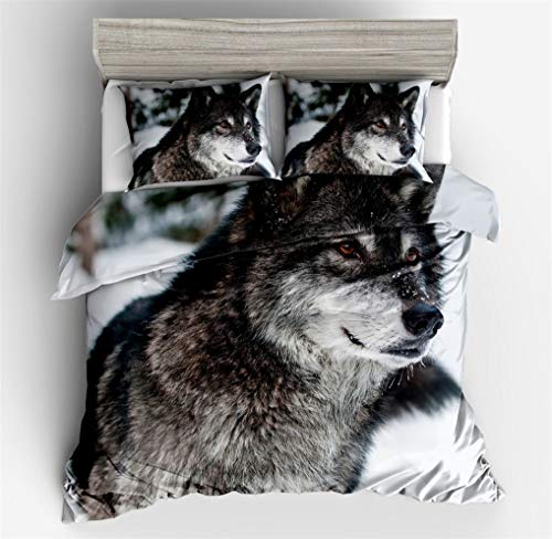 HNHDDZ Bettbezug Wolf Bettwäsche Set 3D Tier Mmuster Druck Schwarz Grau Rot Grün Bettbezug und Kissenbezug für Kinder Boy Mikrofaser (Wolf 2, Bettbezug 155x220 cm + 2 Kissenbezug 80x80 cm) von HNHDDZ