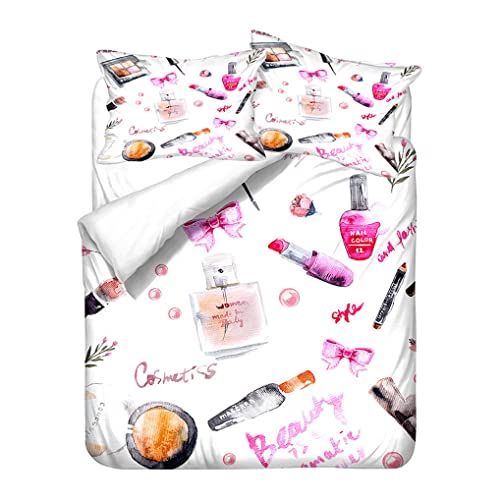 HNHDDZ Bettwäsche-Set für Mädchen Frauen Weiß Rosa Lila Schminke Lippenstifte Lipgloss-Muster Druck Bettbezug Kissenbezug (Stil 2,135x200 cm + 80x80 cm*1) von HNHDDZ