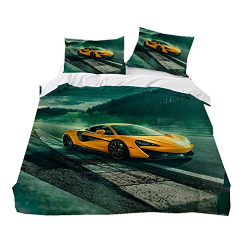 HNHDDZ Jugend Bettwäsche Blau Schwarz Grün Gelb Grau Rot Bettbezüge und Kissenbezüge Rennauto 3D Sport Bettwäscheset mit Reißverschluss Cooler Junge (Farbe 1,135x200cm + 80x80 cm) von HNHDDZ