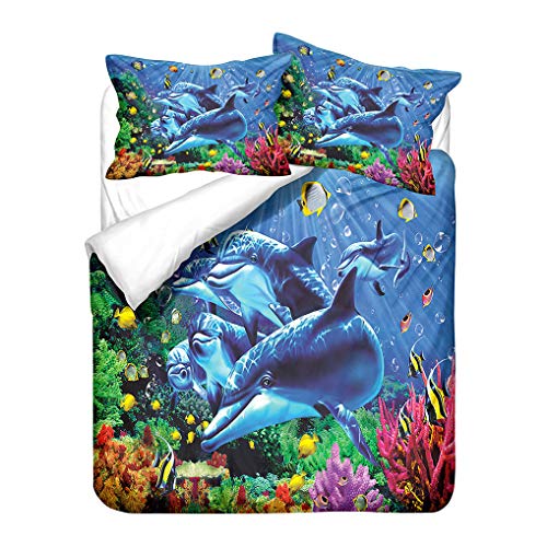 HNHDDZ Kind Junge Mädchen Bettbezug Delfin Blau Bettwäsche-Set 3D Ozean Tier Wunderbare Unterwasser-Kreaturen Bettbezug Kissenbezug Polyester (Stil 1, Bettbezug 135x200 cm + 1 Kissenbezug 80x80 cm) von HNHDDZ