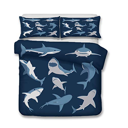 HNHDDZ Ozean 3D Tier Hai Fisch-Gruppe Drucken Bettwäsche Set, Polyester Sanft Atmungsaktiv, Kind Junge Mädchen Bettbezug Mit Reißverschluss (Stil 3, Bettbezug 200x200 cm + 2 Kissenbezug 80x80 cm) von HNHDDZ