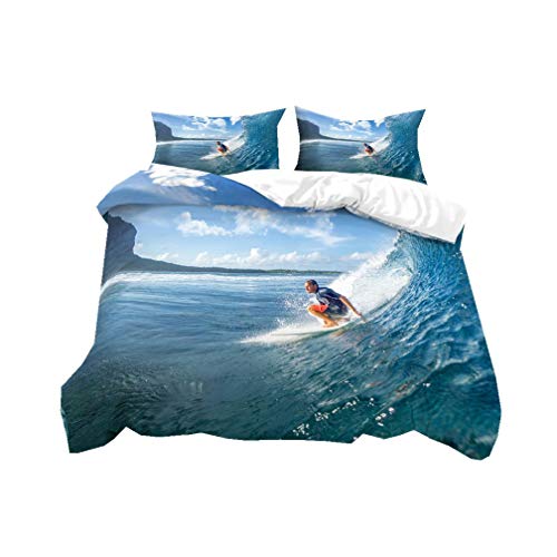 HNHDDZ Ozean Thema Bettwäsche-Set Sportlicher Stil 3D Surfen Meer Surfbrett Abenteuer Bettbezug Blau Jugendliche Junge Mädchen Einzelbett Bettbezug 135x200, Mit 1 Kissenbezug 50x75 cm von HNHDDZ