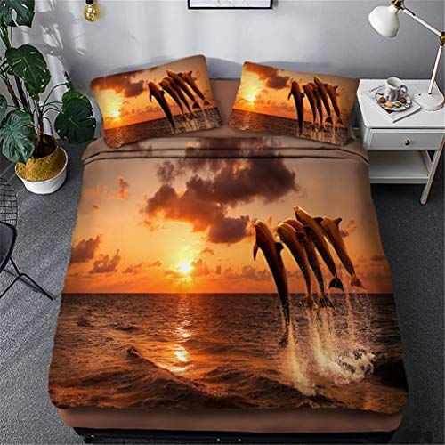 Ozean Thema Bettwäsche-Set 3D Delfin Landschaft Sonnenuntergang Himmel Wolken Meer Sonne Blau Gelb Bettbezug Reißverschluss Junge Mädchen (Farbe 1, Bettbezug 200x200 cm + 2 Kissenbezug 80x80 cm) von HNHDDZ