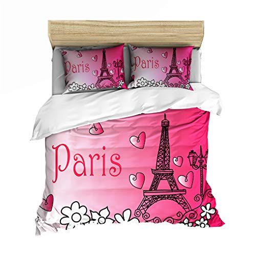 Paris Eiffelturm Drucken Bettwäsche-Set für Kinder Bettbezug Mädchen Rot Rosa Weiß Mit Kissenbezug 80x80, Mikrofaser Bettbezug mit Reißverschluss (Rosa weiß, 135x200 cm) von HNHDDZ