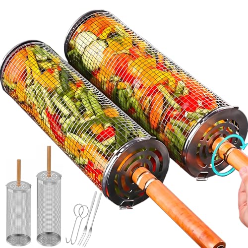 Rollender Grillkorb Edelstahl 2 Stück Set, Zylindrischer BBQ Grillkorb mit Abnehmbarer Griff für BBQ Grillen Camping Outdoor, Drehbar Grilltrommel Grillzubehör für Gemüse Fisch Fleisch Garnelen Pommes Rollender Grillkorb Edelstahl 2 Stück Set, Zylindrischer BBQ Grillkorb mit Abnehmbarer Griff für BBQ Grillen Camping Outdoor, Drehbar Grilltrommel Grillzubehör für Gemüse Fisch Fleisch Garnelen Pommes von HNHNYXC