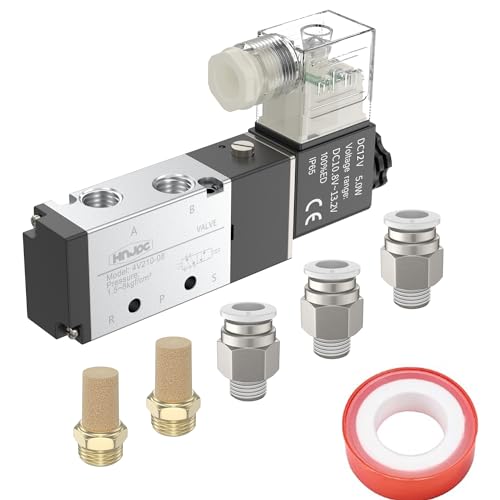 HNJPC Pneumatisches Magnetventil 4V210-08 Zylinder-Wegeventil Pneumatisches Ventil G1/4, 5-Wege, 2 Positionen, einspulig pilotbetrieben elektrisch (4V210-08, DC12V) von HNJPC