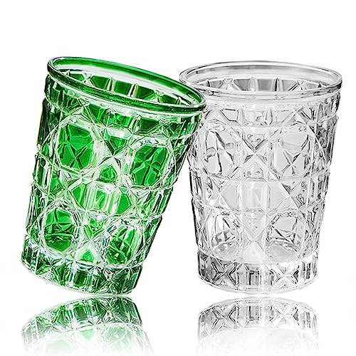 HNJZX Buntes Whiskygläser-Set, 295 ml, Wassergläser, 2 Stück, dimensionale karierte Bargläser, modernes Whiskyglas-Set (grün + transparent) von HNJZX