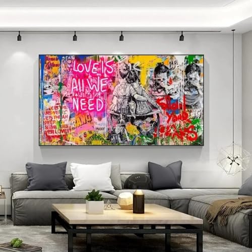 HNKDKJ Banksy Art Love Is All We Need Leinwandgemälde Graffiti Street Art Poster Druck Wandkunst für Wohnzimmer Gerahmt 75x150cm/30x59Zoll - mit schwarzem Rahmen HNKDKJ Banksy Art Love Is All We Need Leinwandgemälde Graffiti Street Art Poster Druck Wandkunst für Wohnzimmer Gerahmt 75x150cm/30x59Zoll - mit schwarzem Rahmen von HNKDKJ
