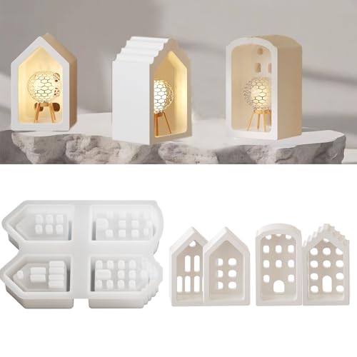 Silikonform Häuser,4 Stück Silikonform Mini Häuser,Silikonform Häuser mit Fenster,Giessformen Silikon für DIY Haus Kerzenhalter zum Basteln von HNLMZ