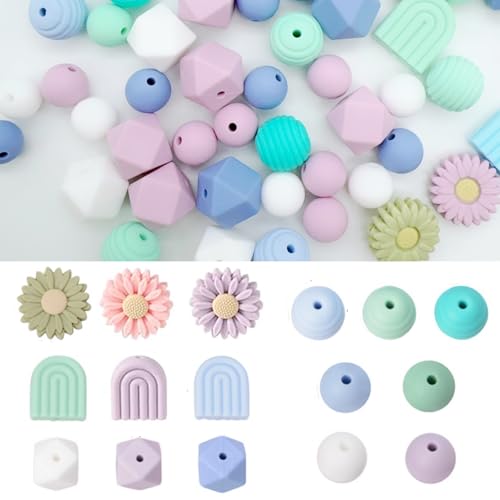 Silikonperlen 76 Stück Silikonperlen Farbig Bastelnperlen Herstellungsset,Daisy Rubber Lose Silikonperlen,Polygon Bastelperlen mit Löchern für DIY Halsketten, Armbänder, Bastelarbeiten(Blau) von HNLMZ