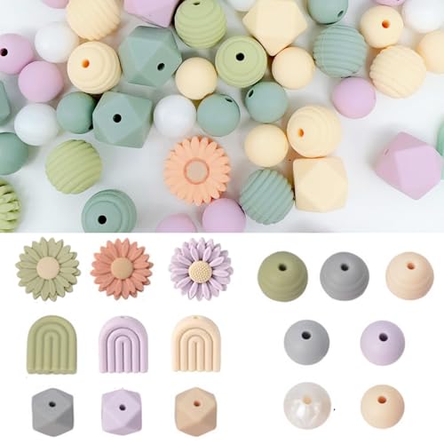 Silikonperlen 76 Stück Silikonperlen Farbig Bastelnperlen Herstellungsset,Daisy Rubber Lose Silikonperlen,Polygon Bastelperlen mit Löchern für DIY Halsketten, Armbänder, Bastelarbeiten(Grün) von HNLMZ