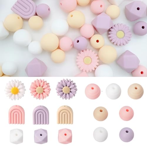 Silikonperlen 76 Stück Silikonperlen Farbig Bastelnperlen Herstellungsset,Daisy Rubber Lose Silikonperlen,Polygon Bastelperlen mit Löchern für DIY Halsketten, Armbänder, Bastelarbeiten(Rosa) von HNLMZ