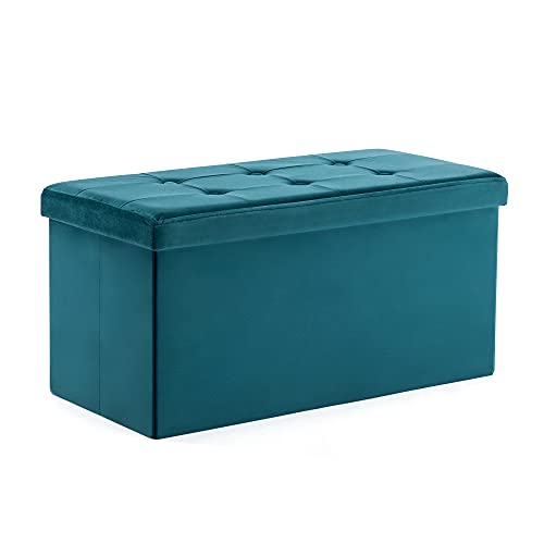 HNNHOME 82 x 40 x 40 cm Samt Pouffe Faltbare Aufbewahrung Ottoman Fußhocker Box Spielzeugtruhe mit Deckel, Faltbarer Fußhocker Sitz für Wohnzimmer, Schlafzimmer (Blaugrün, Groß) von HNNHOME