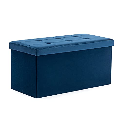 HNNHOME 82 x 40 x 40 cm Samt Pouffe Faltbare Aufbewahrung Ottoman Fußhocker Box Spielzeugtruhe mit Deckel, Faltbarer Fußhocker Sitz für Wohnzimmer, Schlafzimmer (Marineblau, groß) von HNNHOME