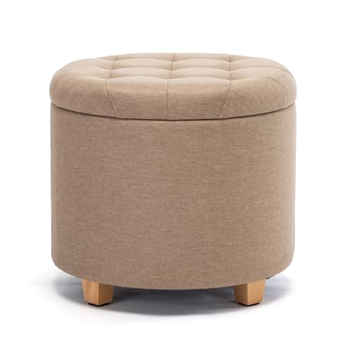 HNNHOME Sitzhocker mit Stauraum, Sitz rund mit Deckel, Sitztruhe, Fußbank Truhen Aufbewahrungsbox, Leinen, 44 L, 45 x 45 x 41 cm, Beige von HNNHOME