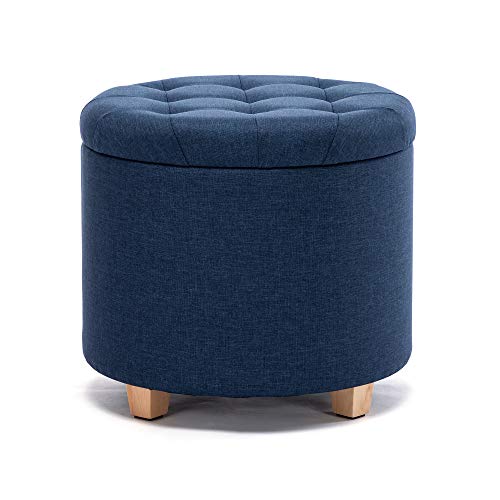 HNNHOME Sitzhocker mit Stauraum, Sitz rund mit Deckel, Sitztruhe, Fußbank Truhen Aufbewahrungsbox, Leinen, 44 L, 45 x 45 x 41 cm, Marineblau von HNNHOME