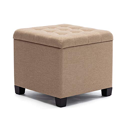 HNNHOME Sitzhocker mit Stauraum, Sitzwürfel mit Deckel, Sitztruhe, Fußbank Truhen Aufbewahrungsbox, Leinen, 44 L, 45 x 45 x 41 cm, Beige von HNNHOME