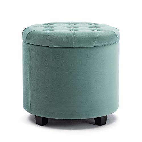 HNNHOME Sitzhocker mit Stauraum, Sitzwürfel mit Deckel, Sitztruhe, Fußbank Truhen Aufbewahrungsbox, Wolken Samt, 45 cm runder Massivholz, 45 L, 45 x 45 x 43 cm (Hellgrün, Samt) von HNNHOME