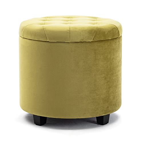 HNNHOME Sitzhocker mit Stauraum, Sitzwürfel mit Deckel, Sitztruhe, Fußbank Truhen Aufbewahrungsbox, Wolken Samt, 45 cm runder Massivholz, 45 L, 45 x 45 x 43 cm (gelb, Samt) von HNNHOME