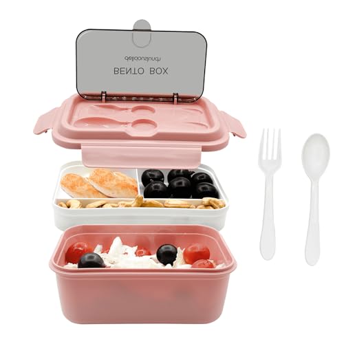 HNNJCK 1500ml Bento Lunchbox mit Fächern, Brotbox Vesperbox Brotdose Auslaufsicher Erwachsene, Salatbox To Go Brotzeitbox Snackbox Frühstücksbox Jausenbox für Büro Schule（Rosa） von HNNJCK